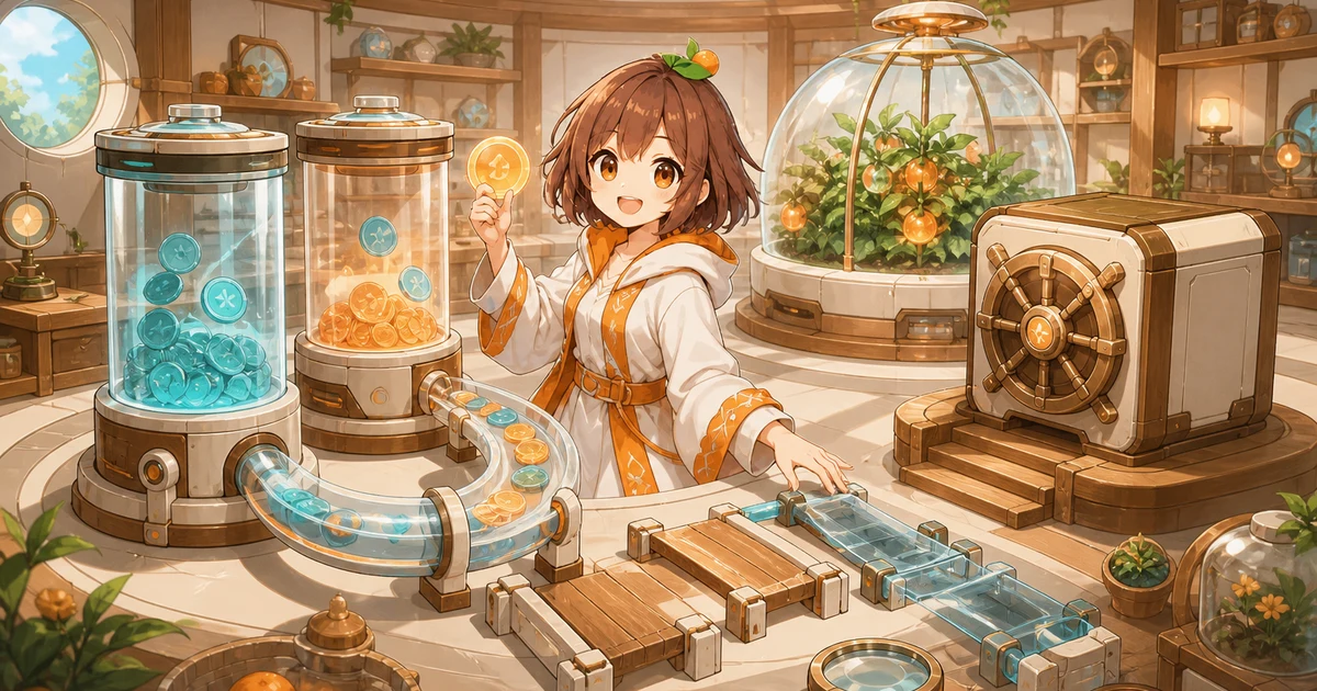 3MIKANのブランドキャラクターがFrankenstein Financeの現況を表す流動性タンク、交換経路、報酬区画、保管庫を分けて確認する場面