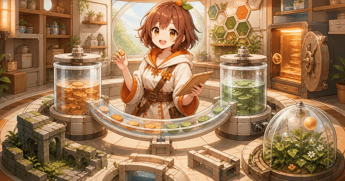 3MIKANのブランドキャラクターがJDIYIELDの現況を表す流動性タンク、交換経路、報酬区画、保管庫を分けて確認する場面