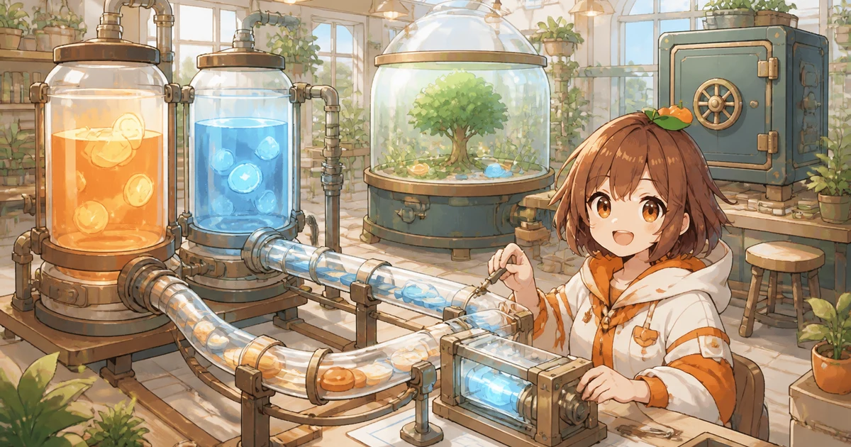 3MIKANのブランドキャラクターがDollaremon(DY・4DP)のその後を表す流動性タンク、交換経路、報酬区画、保管庫を分けて確認する場面