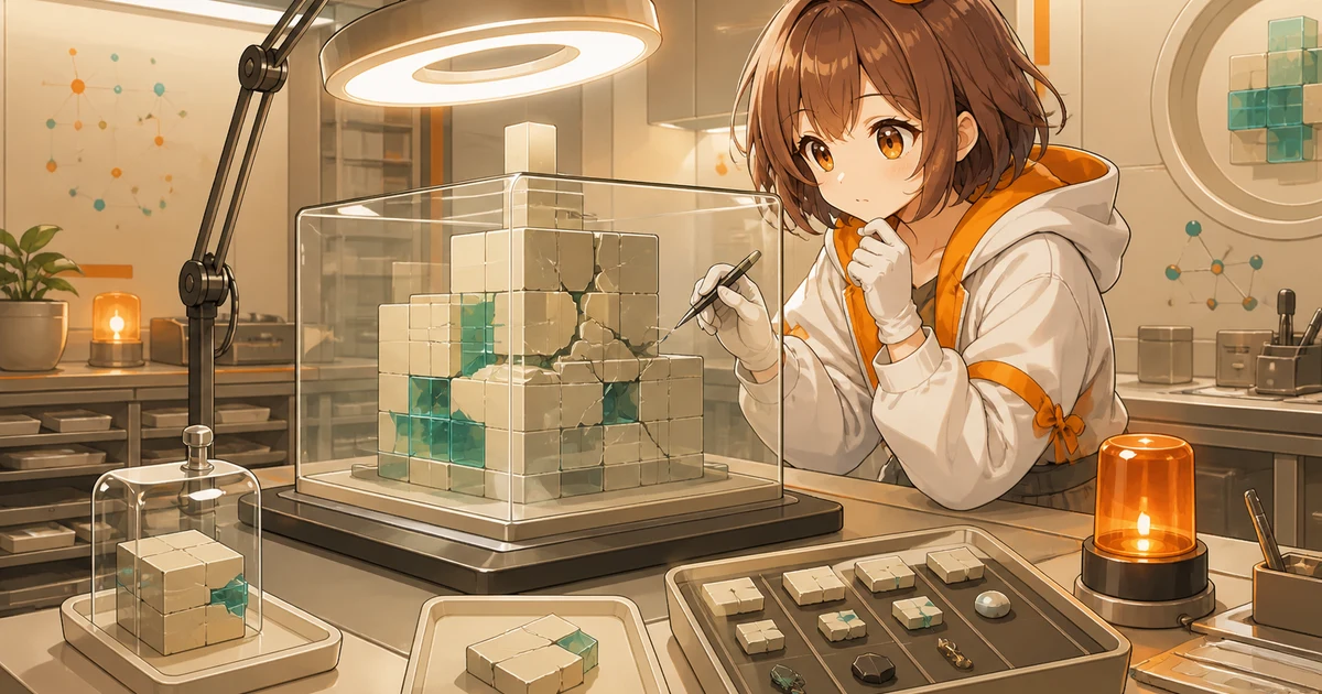 3MIKANのブランドキャラクターがGrowing.fiの現況を表す壊れた仕組みの模型と隔離した証拠を調べるフォレンジック場面