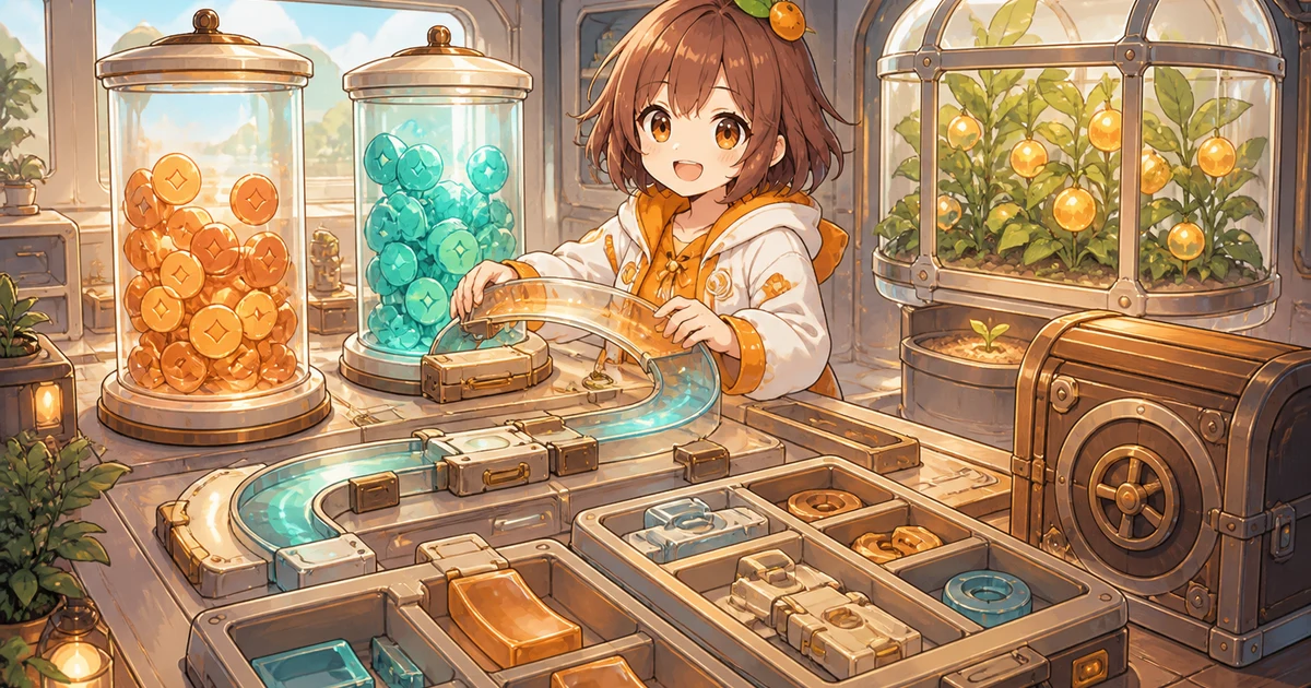3MIKANのブランドキャラクターがApeBoardの現況を表す流動性タンク、交換経路、報酬区画、保管庫を分けて確認する場面
