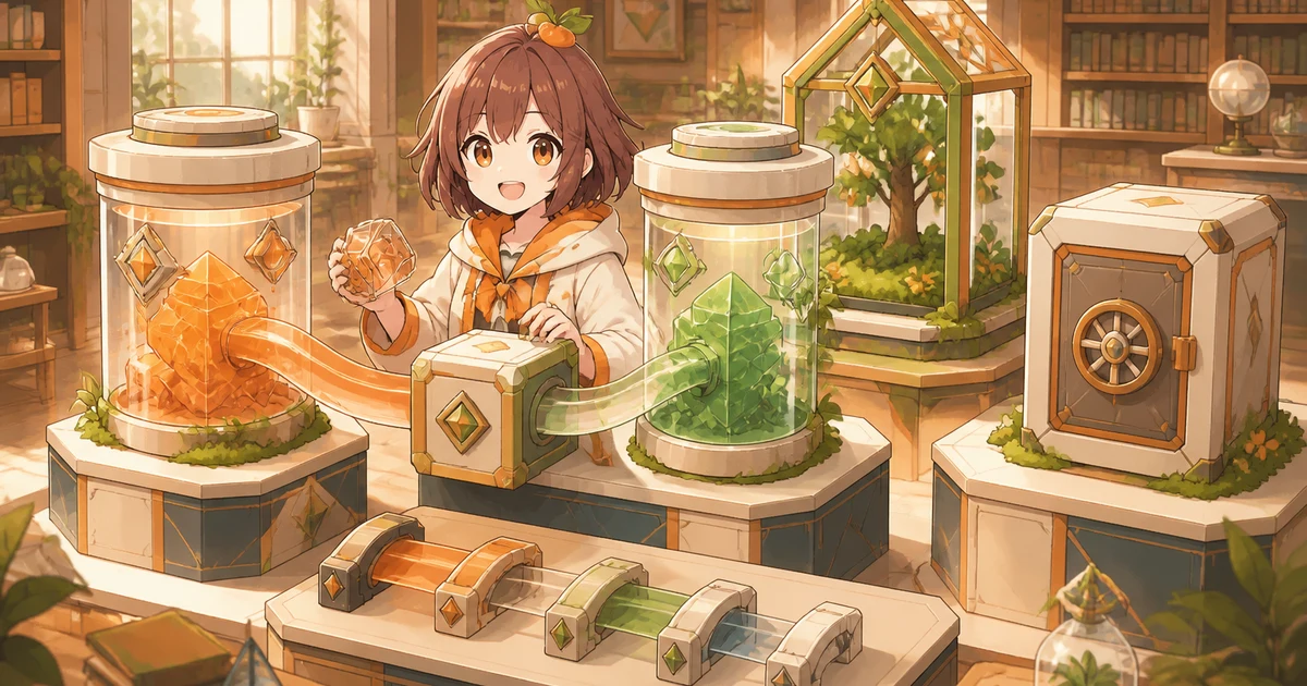 3MIKANのブランドキャラクターが直コンでV2 LPを解除する前にを表す流動性タンク、交換経路、報酬区画、保管庫を分けて確認する場面