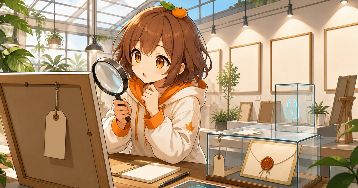 3MIKANのブランドキャラクターがバンクシーNFTの3事件を検証を表す展示物、所有タグ、証明ケースを照合するギャラリー検証場面