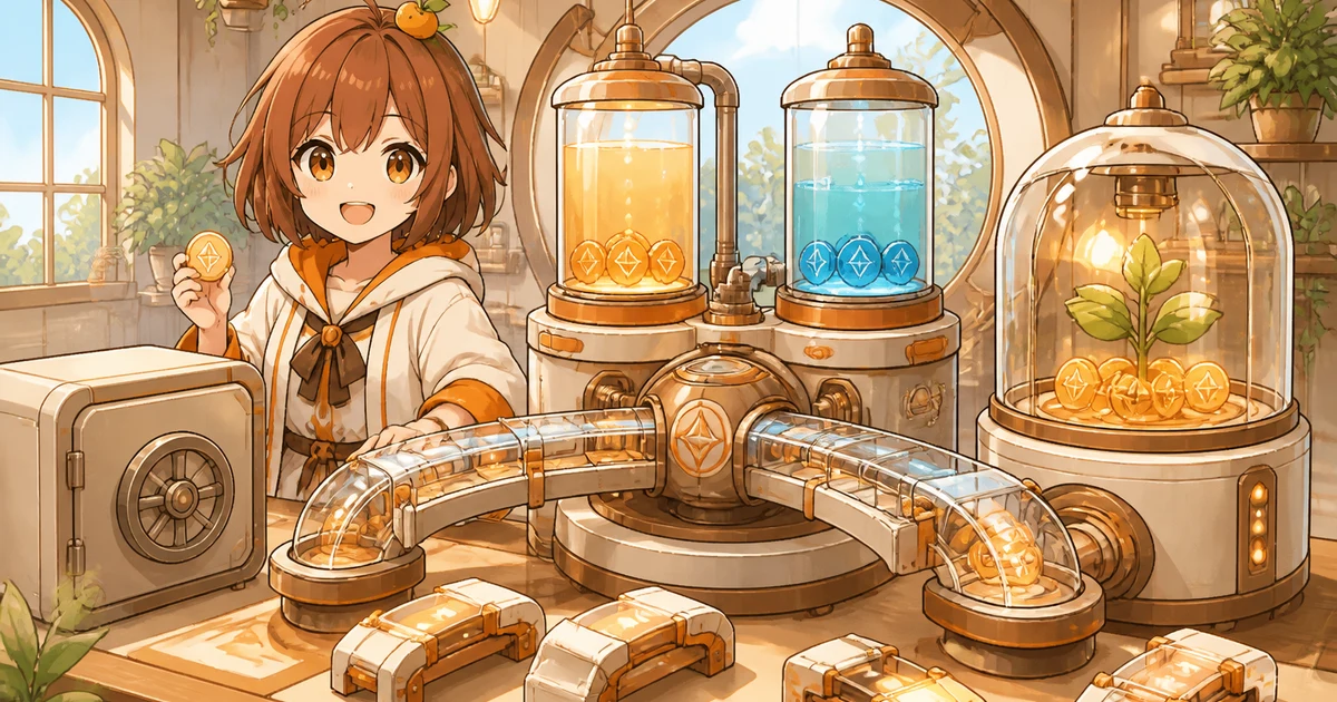 3MIKANのブランドキャラクターがBinance Japan Launchpoolとはを表す流動性タンク、交換経路、報酬区画、保管庫を分けて確認する場面