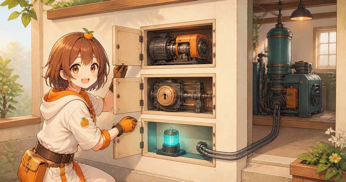 3MIKANのブランドキャラクターが一つの建物の隠れた3区画を開き、実装機構・管理錠・共有beaconを点検するERC-1967 Proxyの記事画像