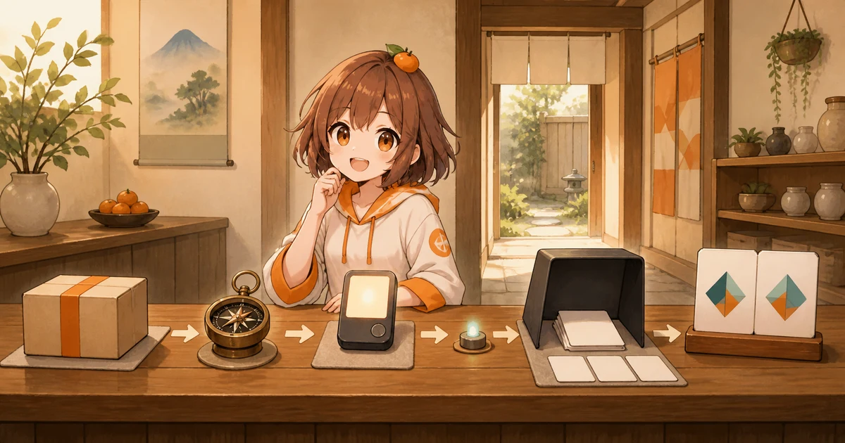 3MIKANのブランドキャラクターが静かな作業台で、正規の入口を選び、架空の署名端末と紙のバックアップを人目から守りながら初日設定を進める記事画像