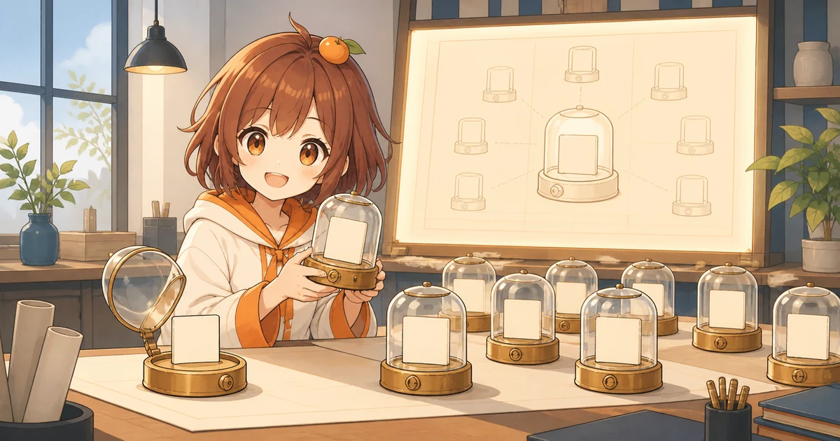 3MIKANのブランドキャラクターが1つの共通設計図を参照する多数の小型contract装置と初期設定の状態を点検する記事画像