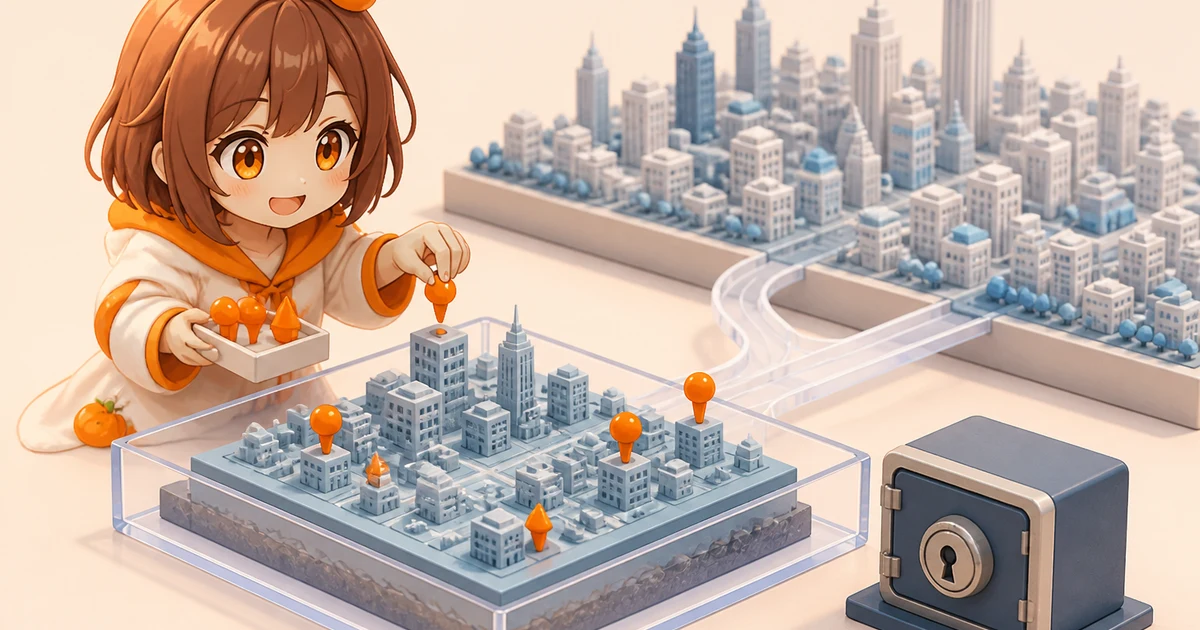 3MIKANのブランドキャラクターがblockchainの街から固定blockを透明なローカル模型へコピーし、orange色のtest変更札を置いているFoundry fork testの記事画像