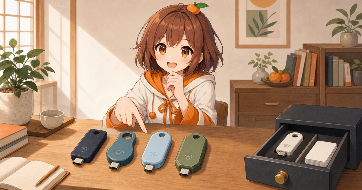3MIKANのブランドキャラクターが机上の4本の架空Security Keyと、金庫に分けた予備キー・白紙の復旧カードを見比べる記事画像
