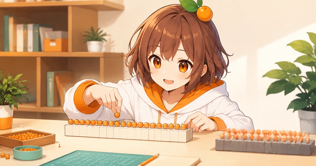 3MIKANのキャラクターが数えたブロックの列へ最後の小さな粒を置き、数量の精度を確かめる場面