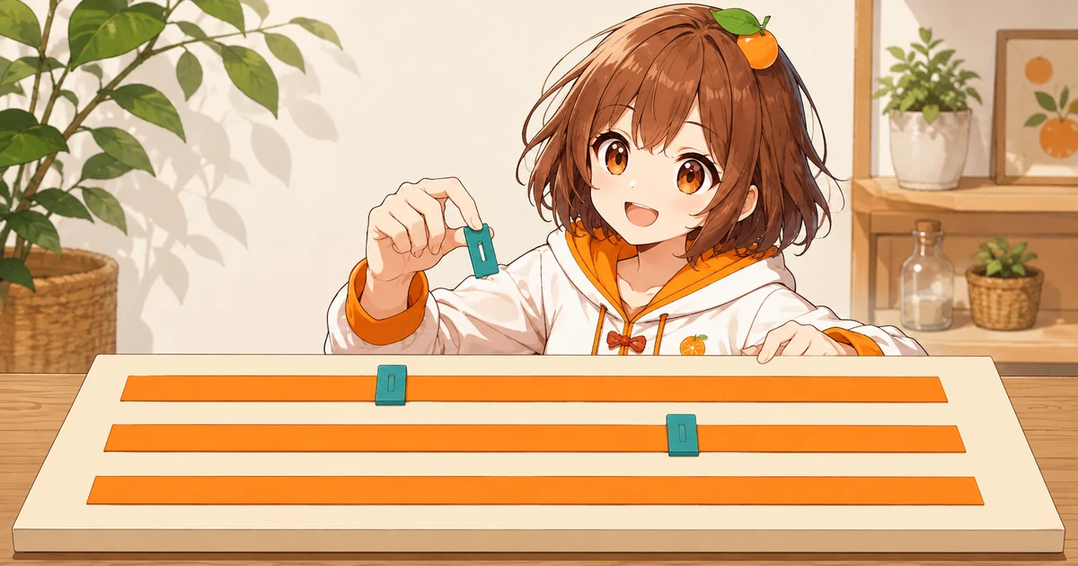 3MIKANのキャラクターが同じ長さのリボンから区切りを外し、元の区切り位置が分からなくなることを示す場面
