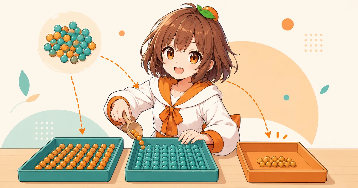 3MIKANのキャラクターが粒をトレイへ分け、余りを別のトレイへ残す場面