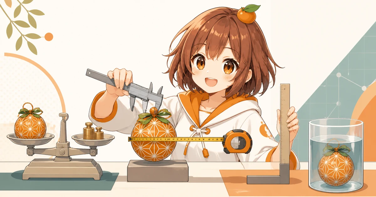 3MIKANのキャラクターが同じ形の飾りを複数の道具で測り、数え方の違いを確かめる場面