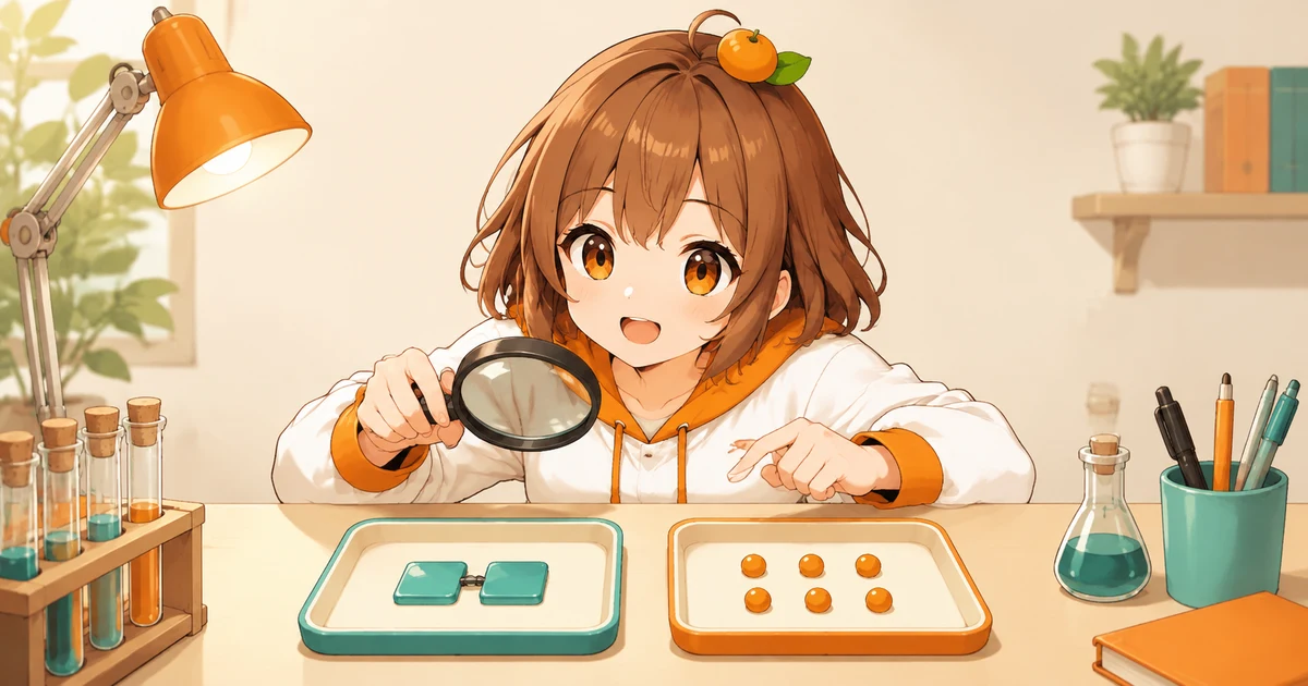 3MIKANのキャラクターが二つのタイルと六つの粒を拡大鏡で見比べ、入力データの違いを確かめる場面