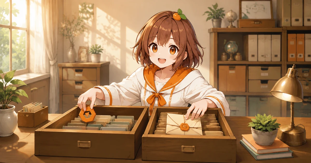 3MIKANのキャラクターが検索用の札と原文の手紙を別の引き出しへ整理する場面
