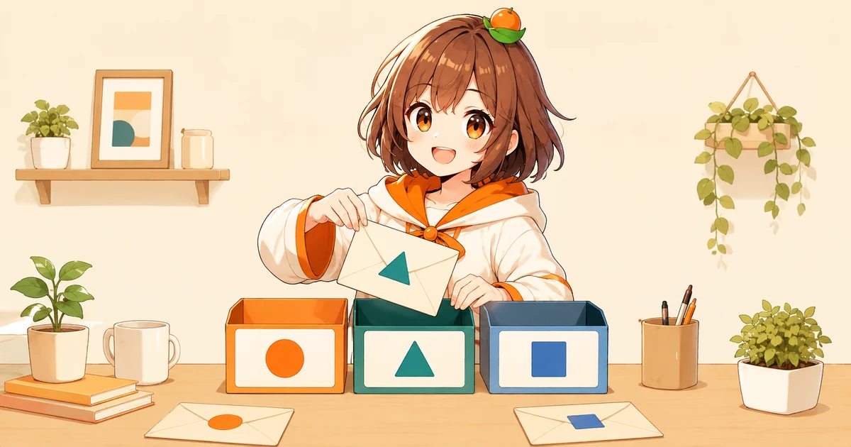 3MIKANのキャラクターが封筒と箱の同じ印を照合し、到着順によらず対応付ける場面