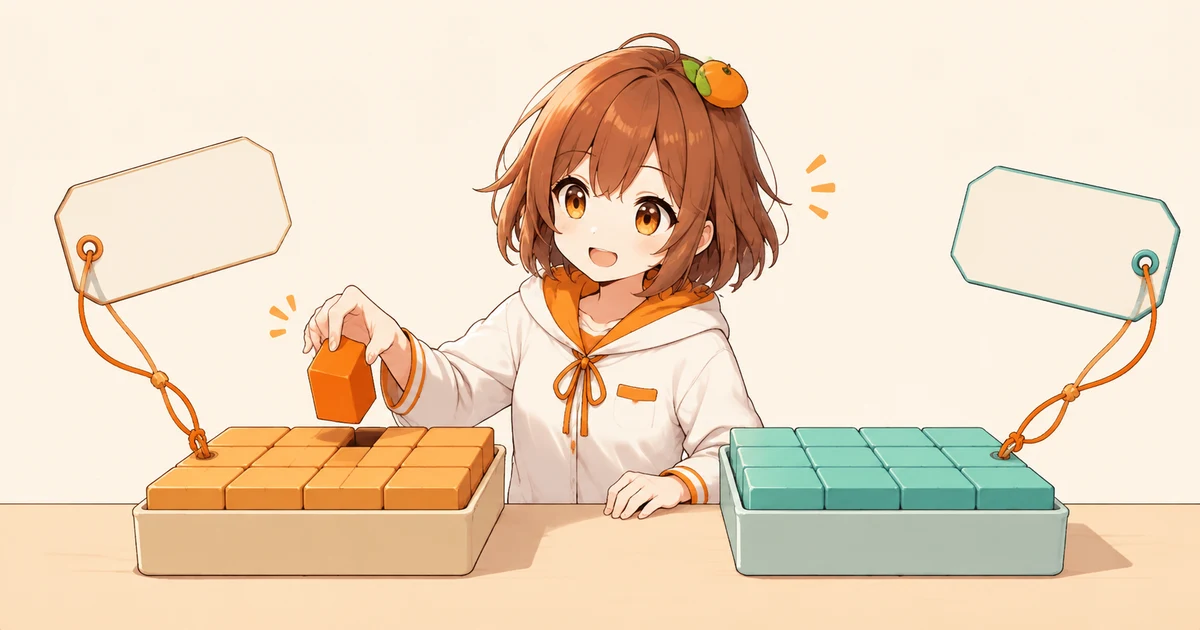 3MIKANのキャラクターがコピー元と独立したトレイを見比べ、一方のブロックだけを動かす場面