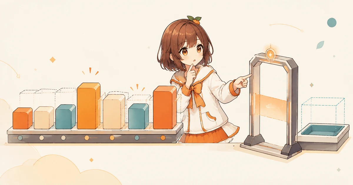 3MIKANのキャラクターが大きさの異なるブロックと小さな枠を見比べ、変換前の範囲を確認する場面
