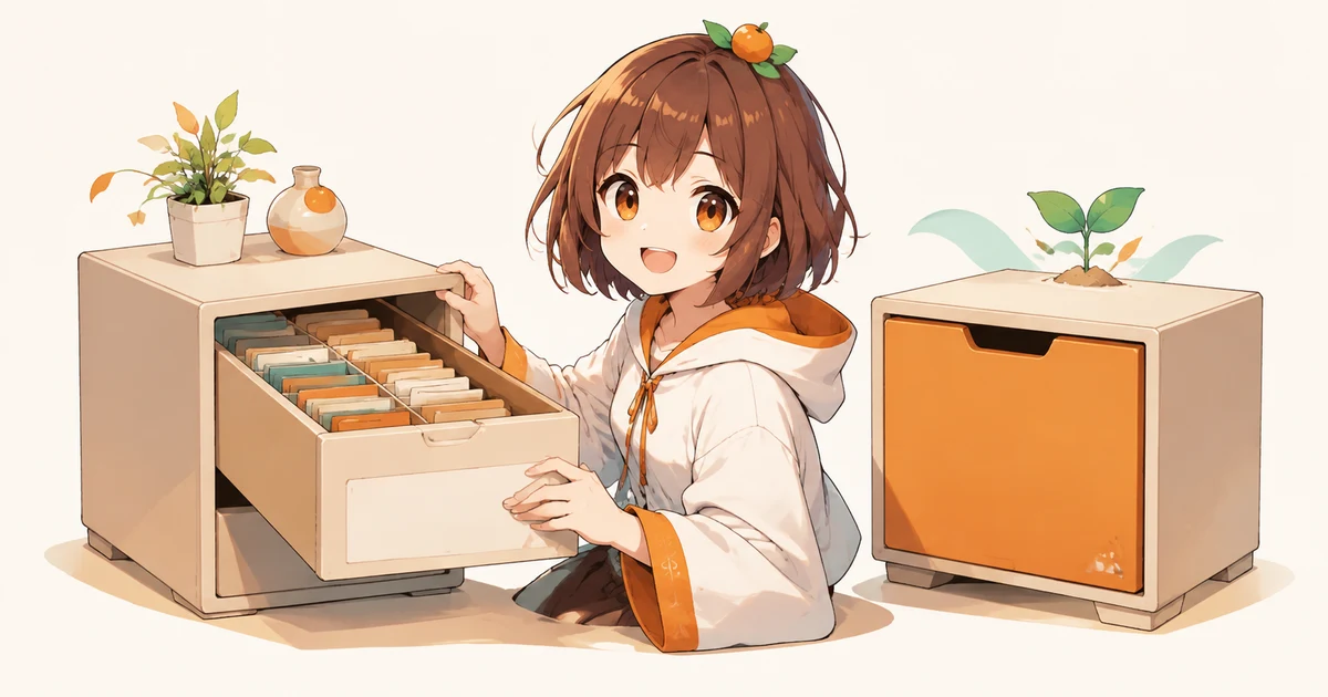 3MIKANのキャラクターが記録の残った引き出しを開き、新しい引き出しと区別する場面