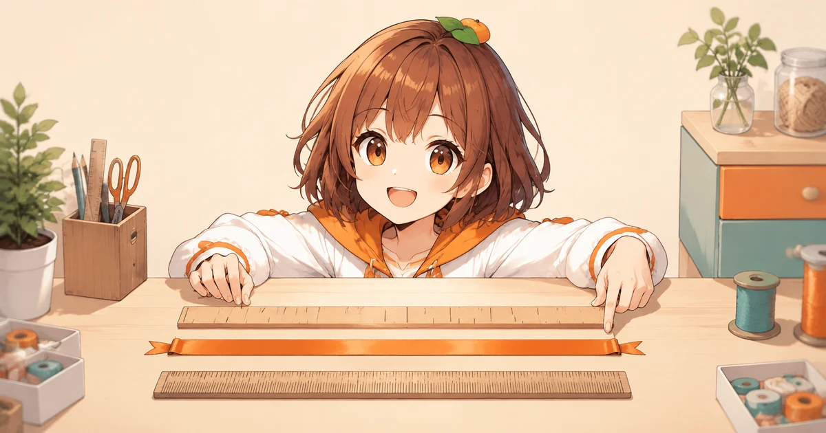 3MIKANのキャラクターが同じ長さのリボンに目盛りの細かさが違う物差しを当て、単位の違いを確かめる場面