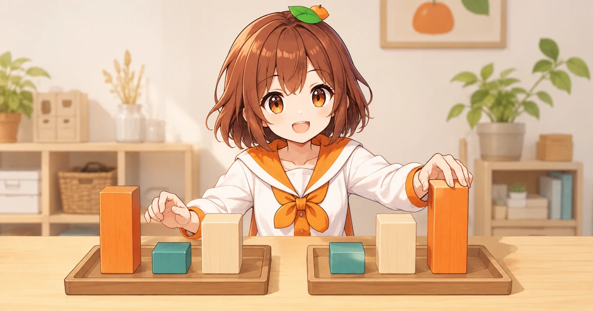3MIKANのキャラクターが元のトレイを残し、別のトレイでブロックを大きさ順に並べる場面