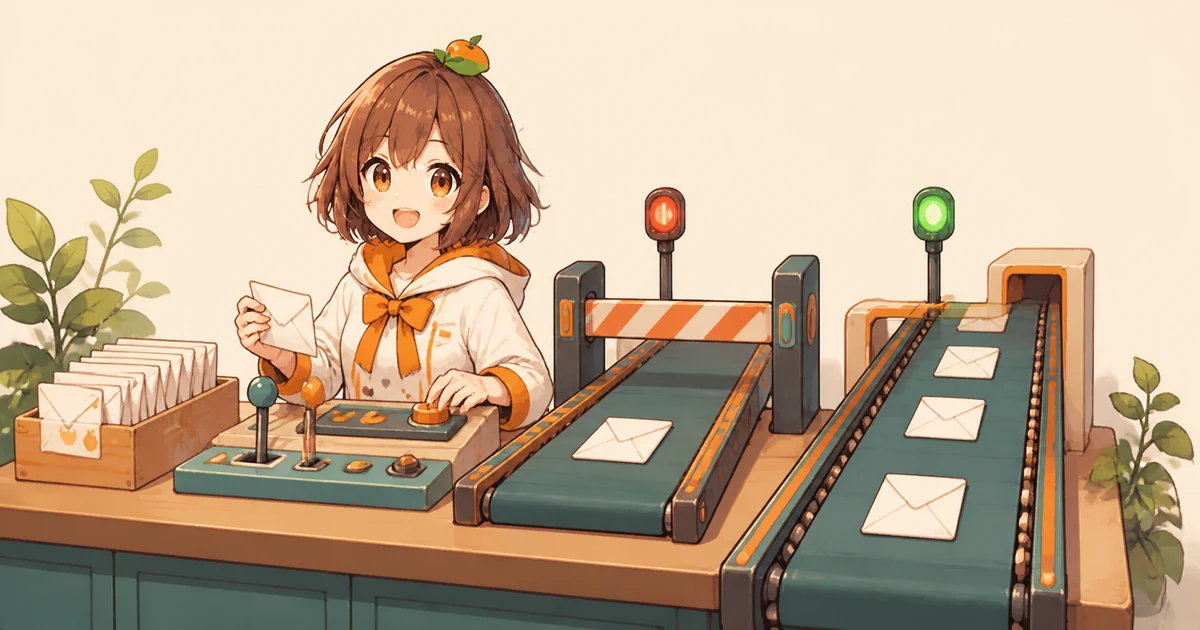 3MIKANのキャラクターが独立した作業レーンの停止と継続を見分け、待機中の封筒を管理する場面