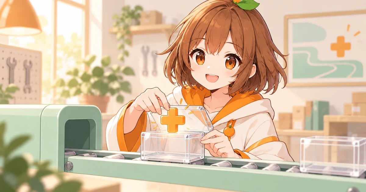 3MIKANのキャラクターがプラス形の部品を透明なケースに収め、搬送台で元の形のまま届けようとするイラスト