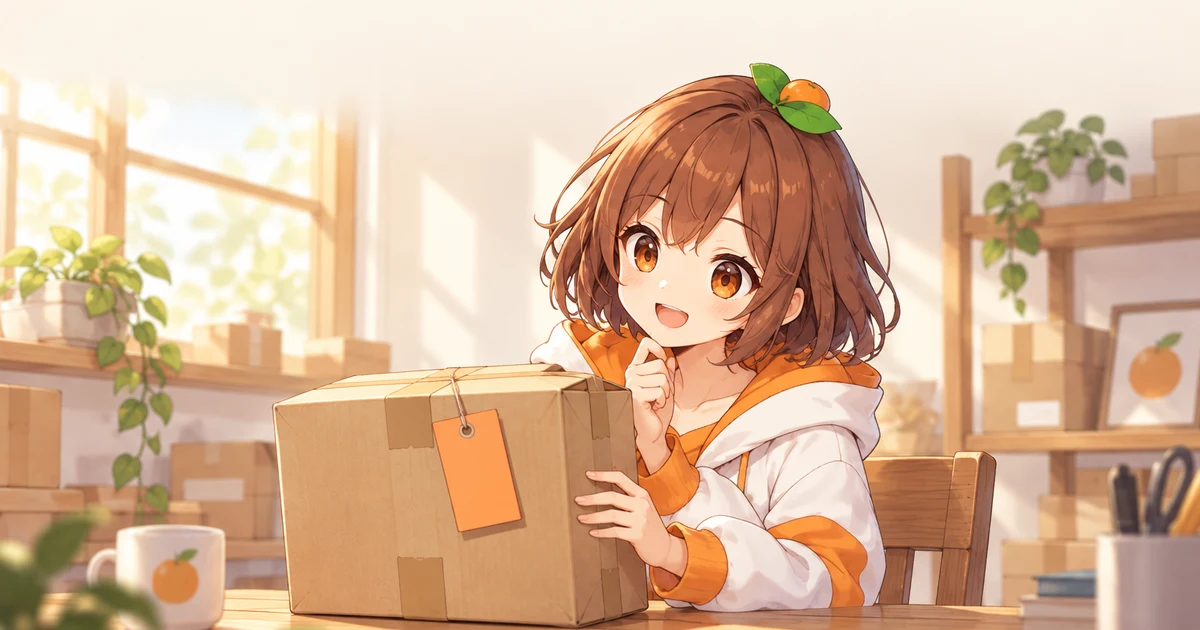 3MIKANのキャラクターが届いた未開封の小包を手にする、到着しただけでは中身が分からないことを表したイラスト