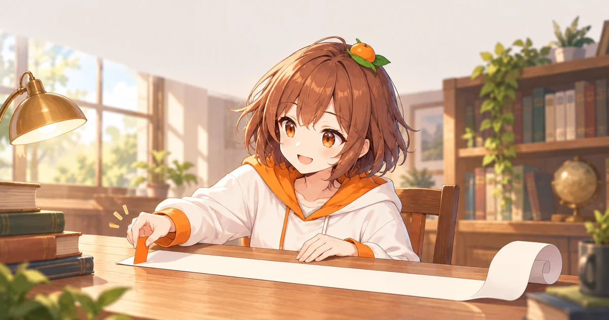 3MIKANのキャラクターが紙の読み始めの位置をしおりで確認する、正規表現の検索位置を表したイラスト