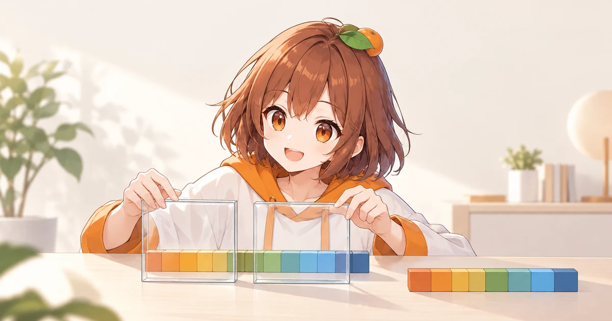 3MIKANのキャラクターが一続きの色付き部品に透明な枠を当て、別に置いた複製と見比べるイラスト