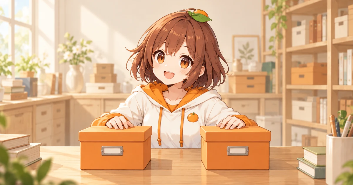 3MIKANのキャラクターが机に並ぶ同じ見た目の二つの箱に手を添え、別の物体として見比べるイラスト