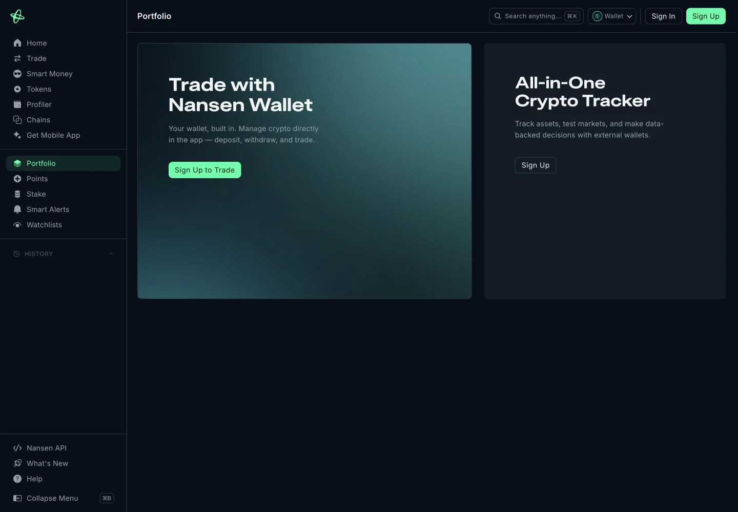 Nansen Portfolioの未ログイン公開画面でPortfolio、Nansen Wallet、外部ウォレット追跡の案内が表示されている