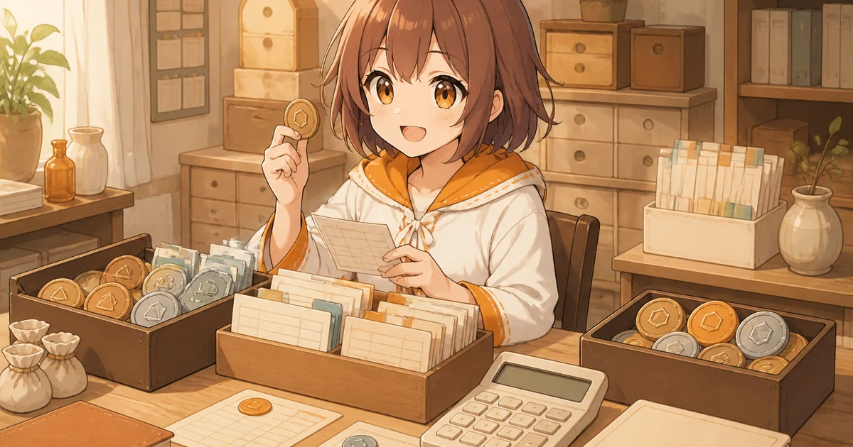 3MIKANのブランドキャラクターが暗号資産を日本円に現金化する方法を表す取得・売却・記録を分けた台帳机を確認する場面