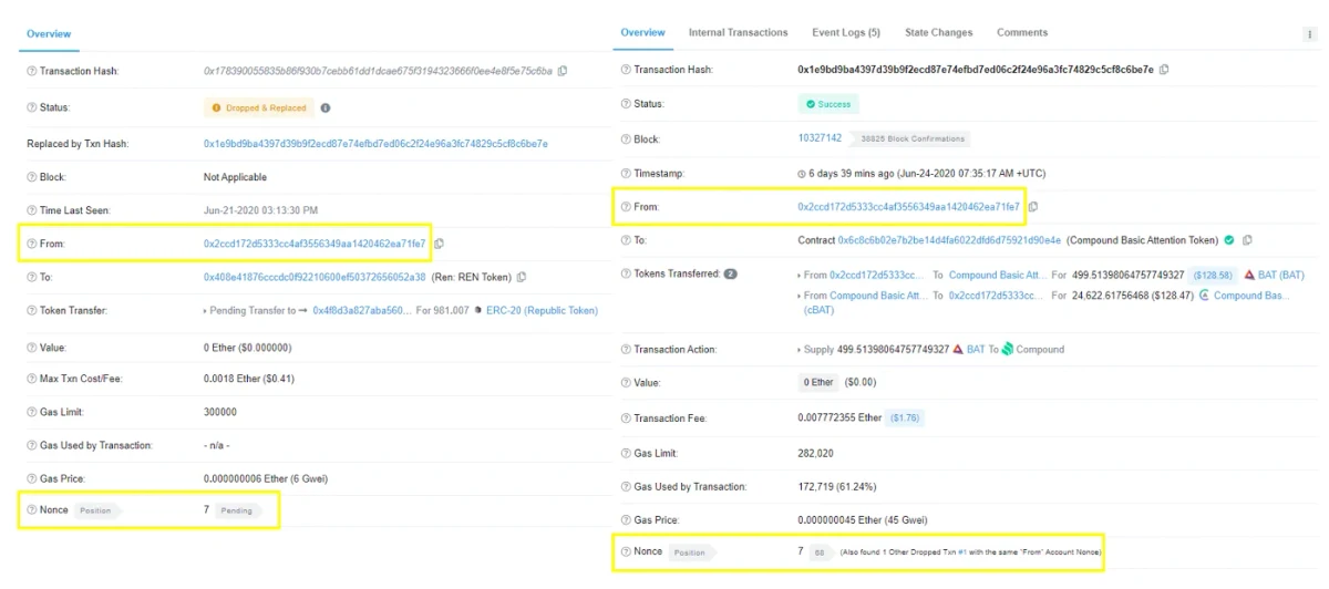 Etherscan公式例で元トランザクションがDropped and Replacedとなり、別ハッシュが同じFromとノンス7でSuccessになった比較画面