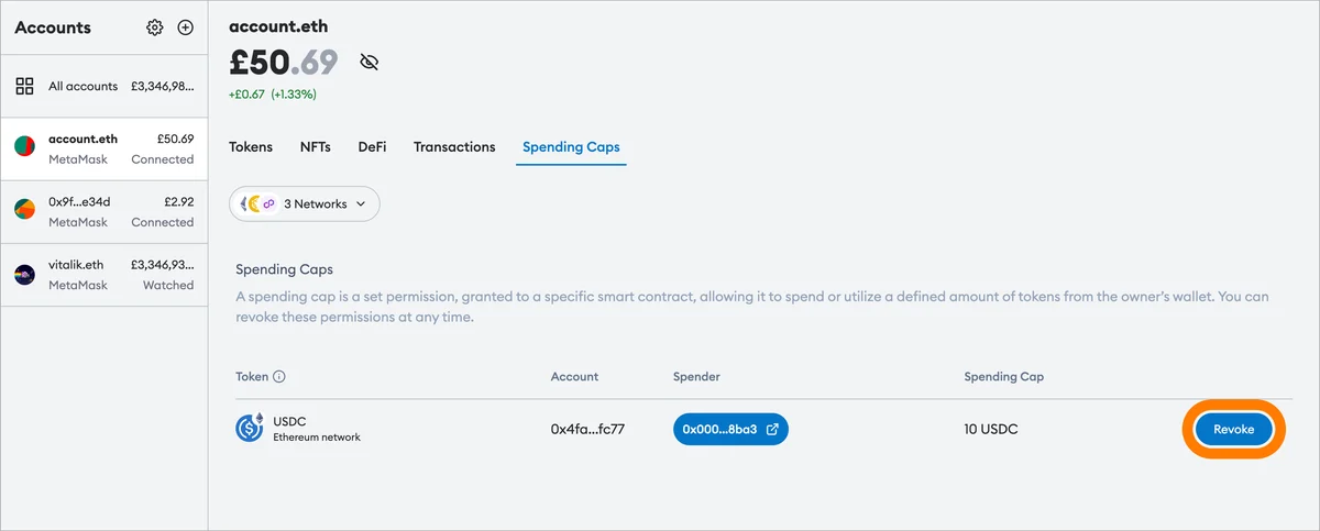 MetaMask公式HelpのPortfolio Spending Caps画面でUSDC、account、spender、10 USDCの上限、Revokeボタンが並ぶサンプル