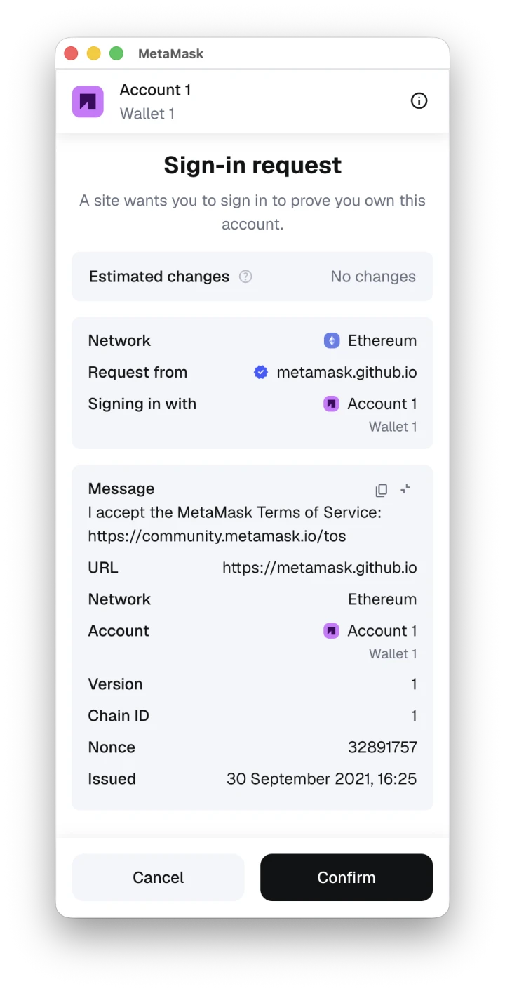 MetaMask公式サンプルのSIWE署名画面。Request from、Account、URL、Network、Version、Chain ID、Nonce、Issuedの位置を示す