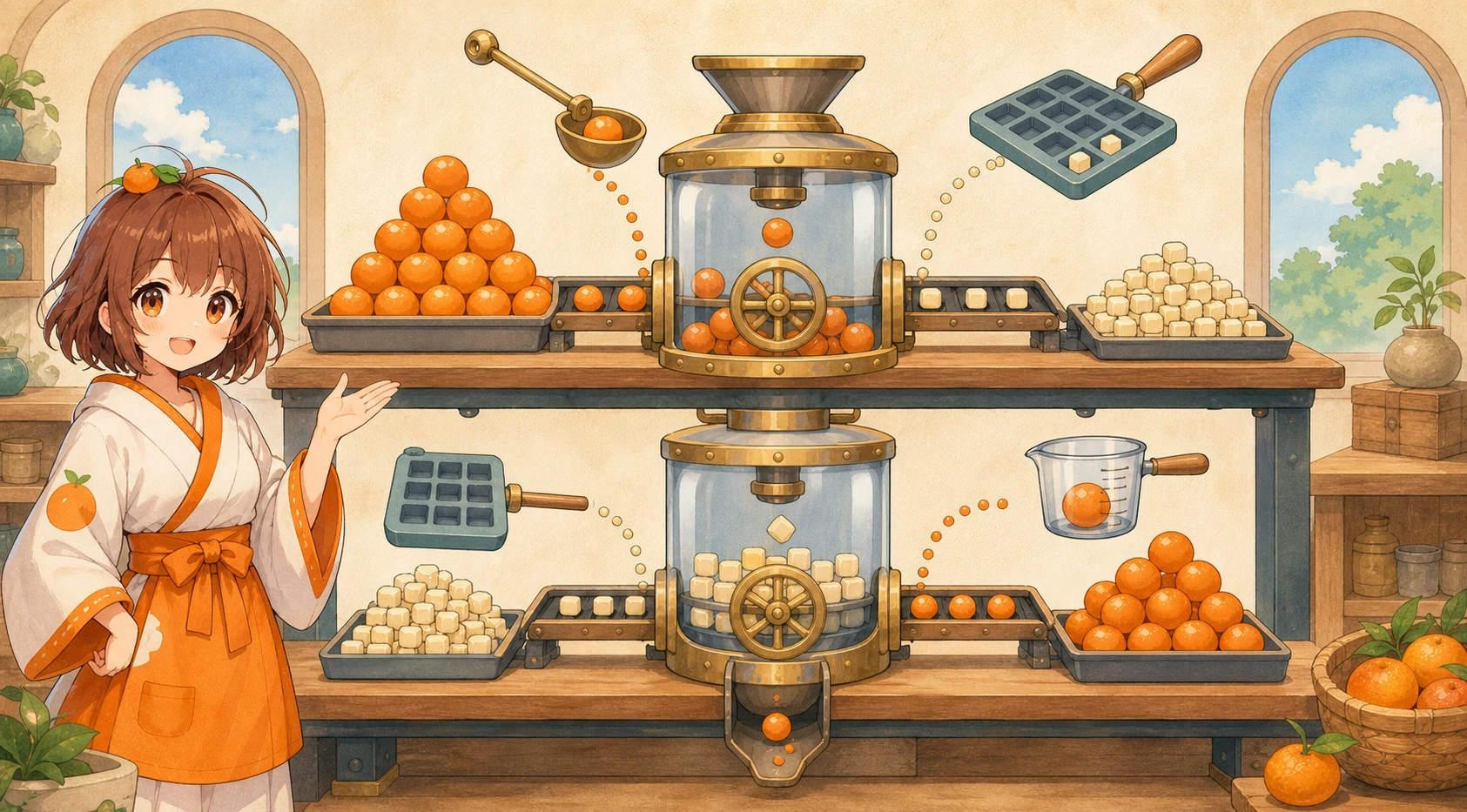 3MIKANのキャラクターが上下二つのvault機械でassetからshare、shareからassetへの換算と切り下げ・切り上げの違いを示す補助図