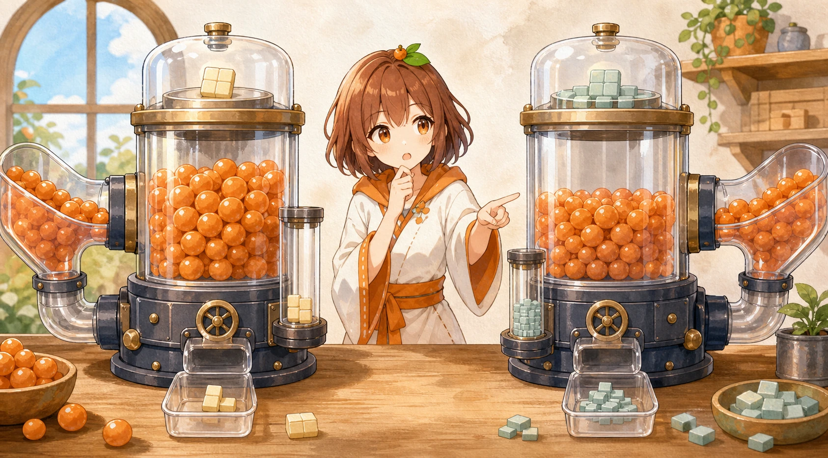 3MIKANのキャラクターがdonationでshare出力が細る無防備vaultと、virtual unitと高精度shareを持つvaultを見比べる補助図