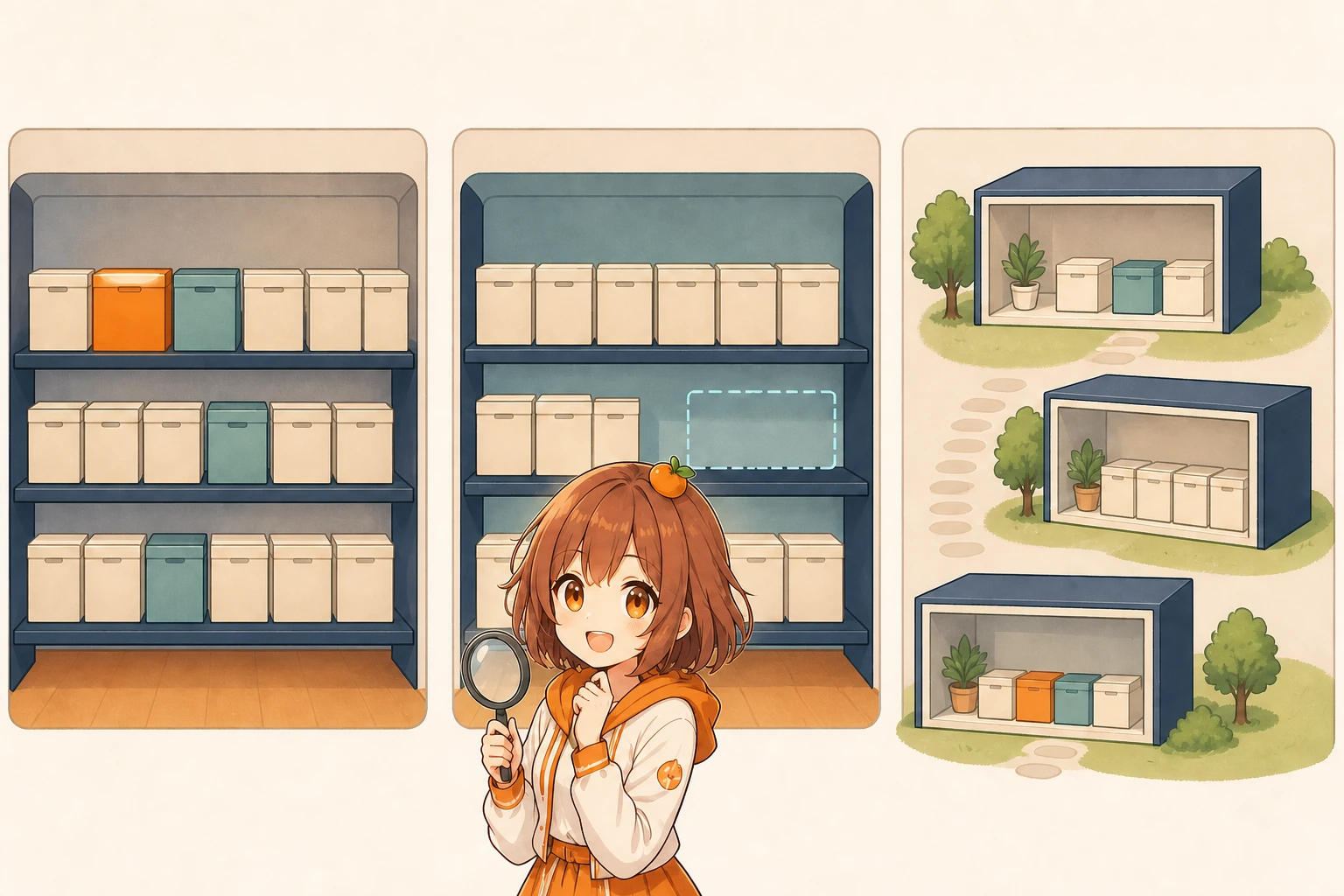 通常storageの連続棚、将来用gapを含む棚、namespaceごとに独立した保管室を並べて比較する概念図