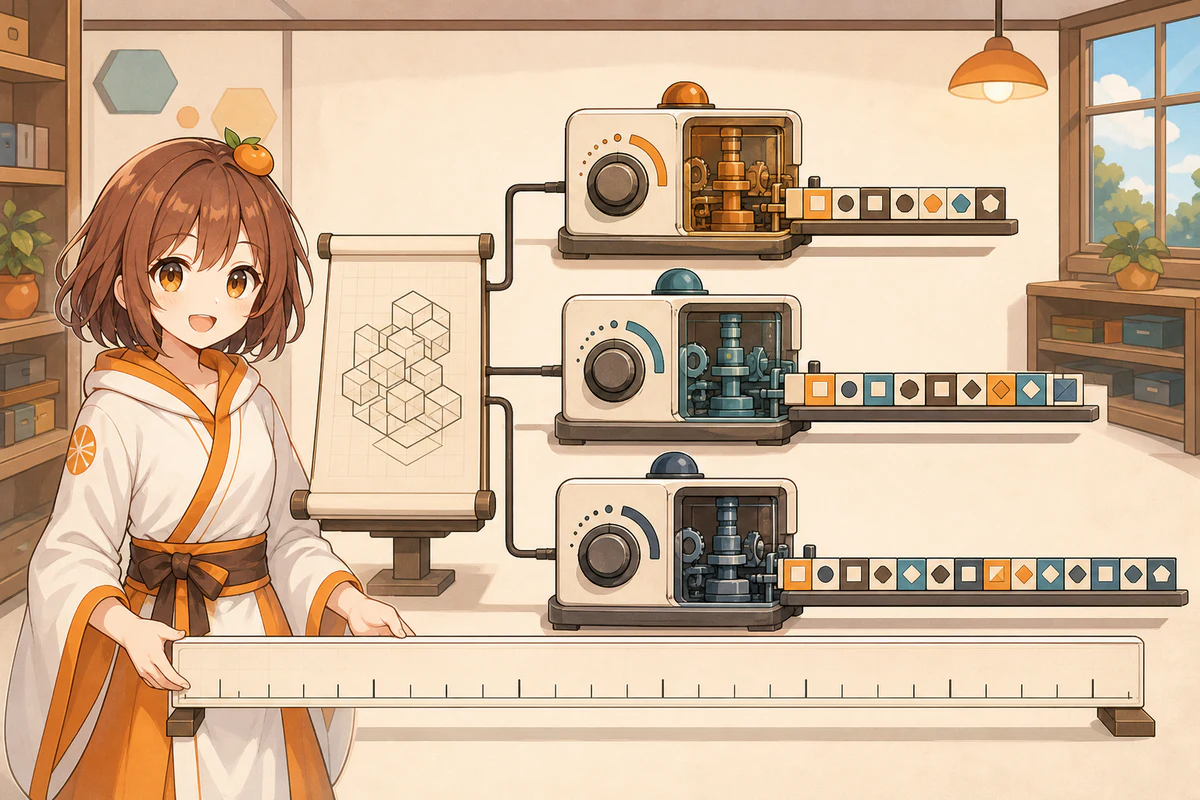 3MIKANのキャラクターが一つの設計図から設定の異なる3台のビルド機構へ入力し、長さと構成が異なるbytecode tile列を比較する図