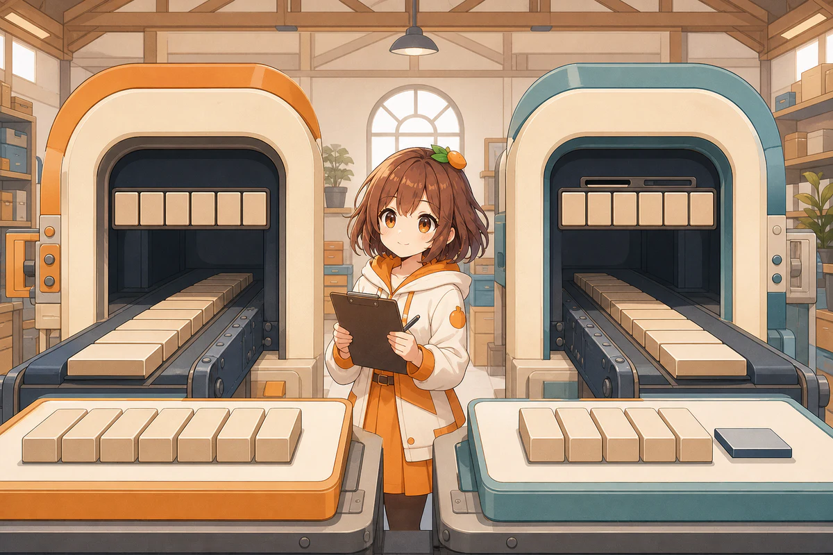 3MIKANのキャラクターが旧targetと新targetの2台の実行gateを点検し、新しい小型tileを含むbytecode列が旧gateへ入らない境界を確認する図