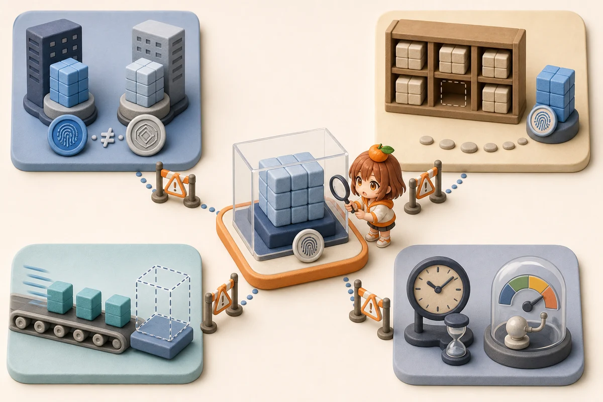 provider hash差、archive不足、moving latest、timeとoracleのlocal仮定という四つのFoundry fork test failure境界を3MIKANのキャラクターが照合する図