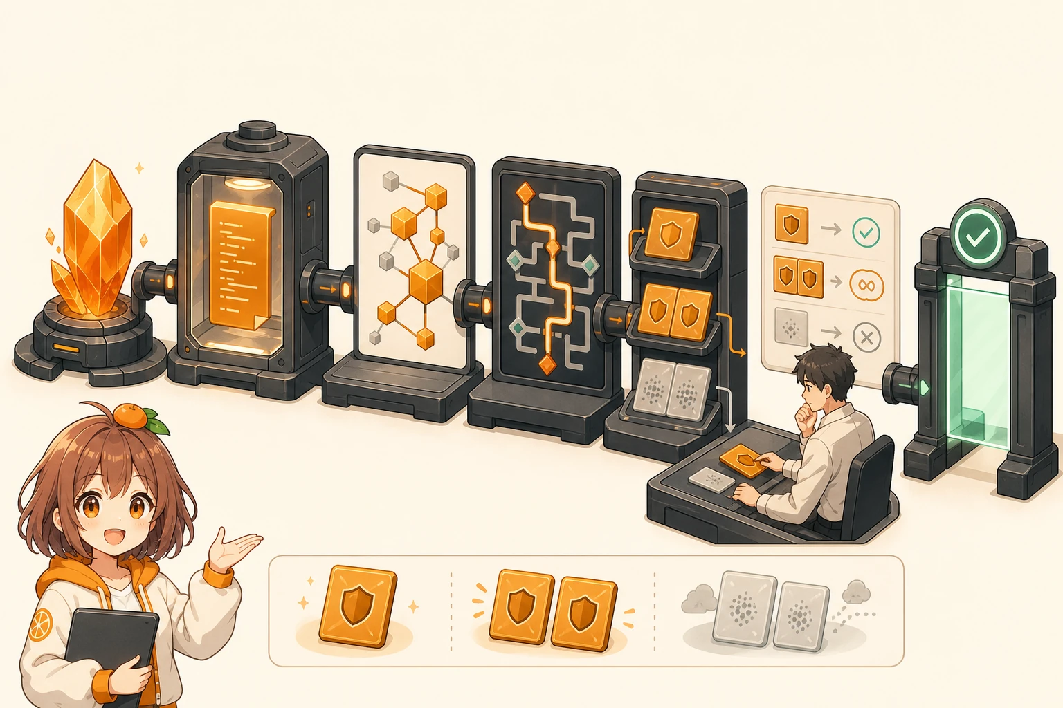 3MIKANのキャラクターがsmart contract sourceを構造map、symbolic path、finding分類、人手triage、自動gateの順に案内し、確定finding、重複、noiseを分ける概念図