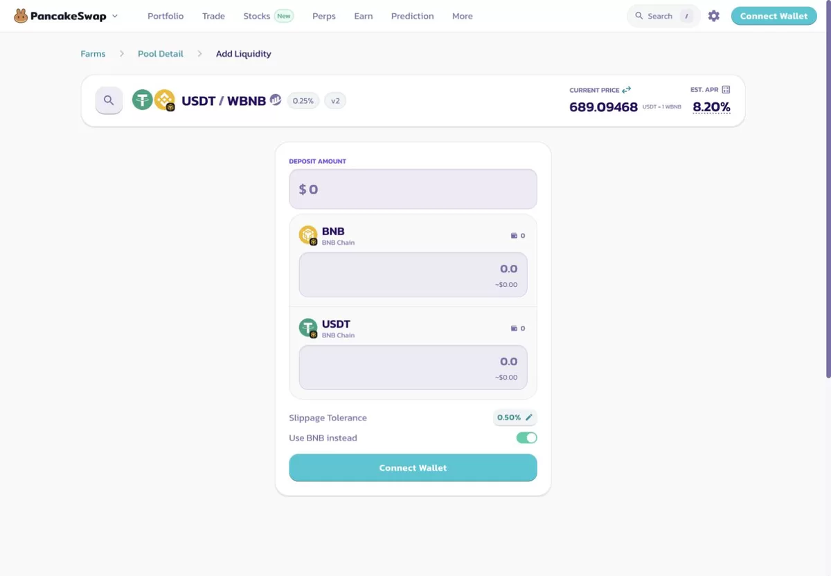 PancakeSwap V2のBNBとUSDTの流動性追加画面で、2種類の入金欄が表示されている